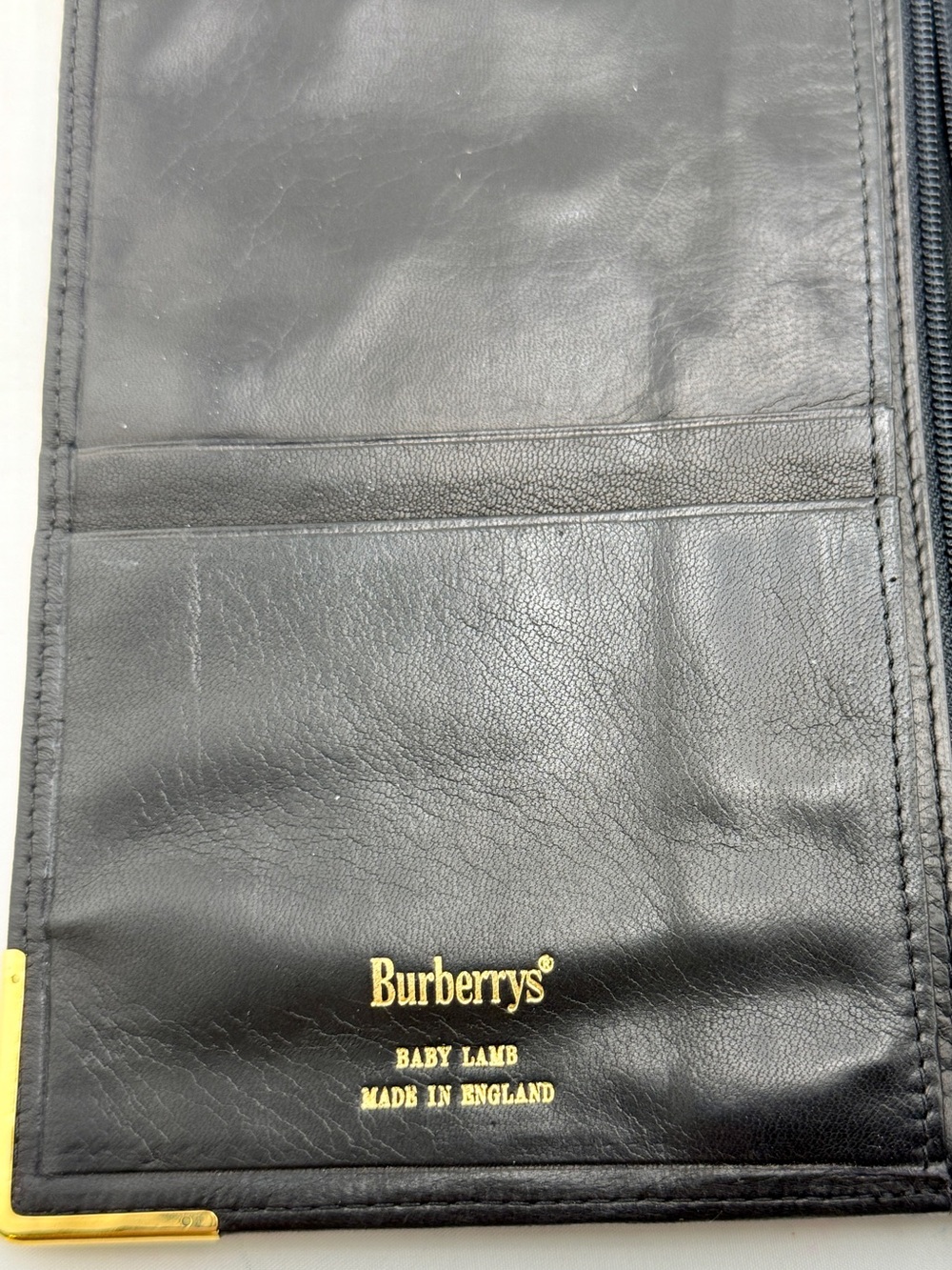 Vintage Burberrys Black Leather Passport Wallet with Gold Accents